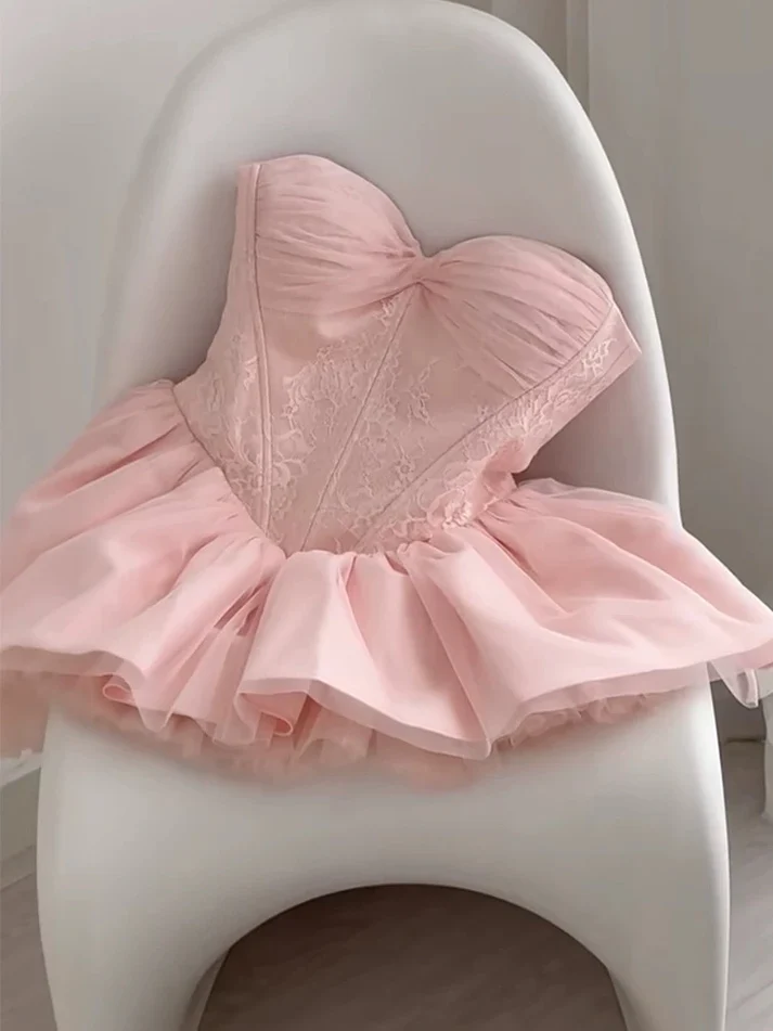 Cute Pink Sweetheart Neck Lace Tulle A-Line Short Birthday Dress Homecoming Dress - View 2 | FashionDia