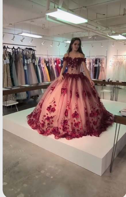 Red tulle flower strapless Off-the-Shoulder long train prom ball gown Sweet 16 Dress - FashionDia