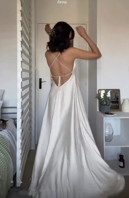Simple Straps V-Neck A-Line Party Dress White Satin Prom Dress - View 3 | FashionDia