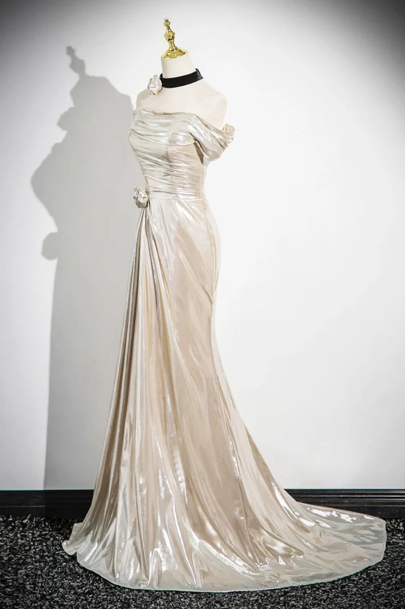 Charming Champagne Off The Shoulder Satin Prom Dress Mermaid Evening Gown Y8202 - View 4 | VelvetHem