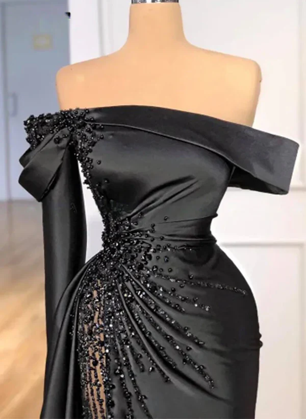 Classic Sheath Off-The-Shoulder Satin Beaded Prom Dress Formal Party Evening Gown
