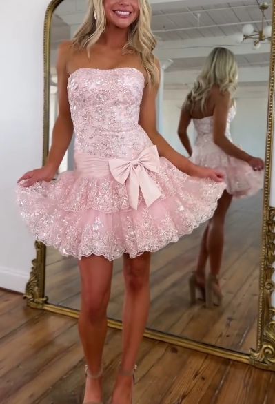 Cute Strapless Pink Lace Layered A-Line Graduation Homecoming Dress Short Birthday Outfits - View 2 | FashionDia