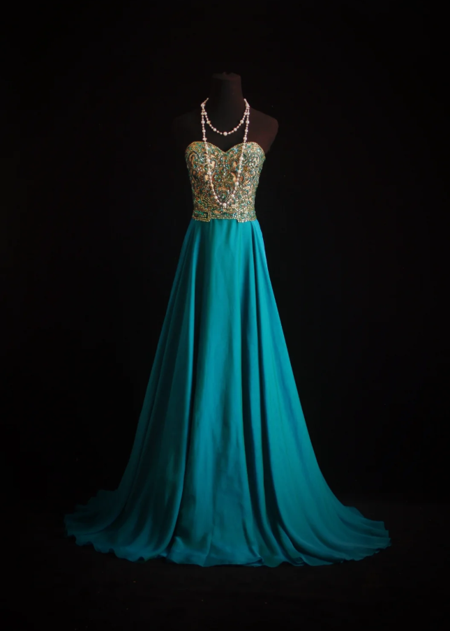 Unique Blue Green Strapless Satin Beaded Long Wedding Guest Dress Formal Birthday Party Dress Prom Gown - FashionDia