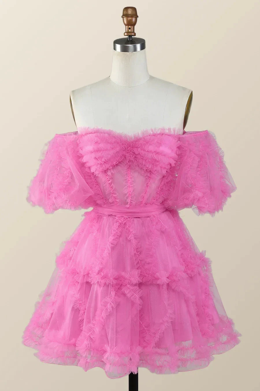 Off the Shoulder Hot Pink Ruffles Short A-line Homecoming Dress Y2783 by simplepromdress