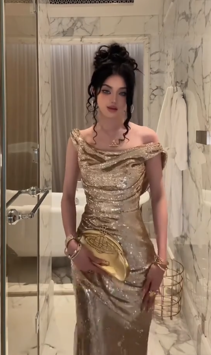 Elegant Champagne Gold Sequins Mermaid Prom Dress,Off-the-Shoulder Slit Long Prom Dress Party Gown - View 6 | FashionDia