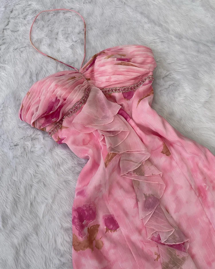 Elegant Halter Chiffon Print Ruffle Mermaid Evening Dress,Pink Prom Dress - View 3 | FashionDia