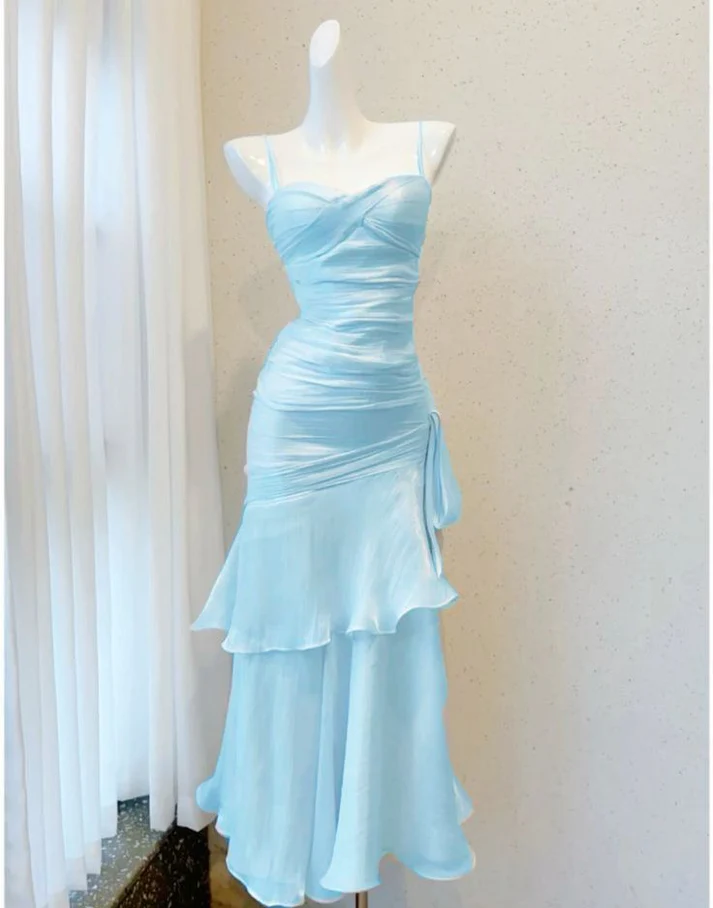 Elegant Spaghetti Straps Blue Ruffle Prom Dress,Layered Mermaid Party Evening Gown