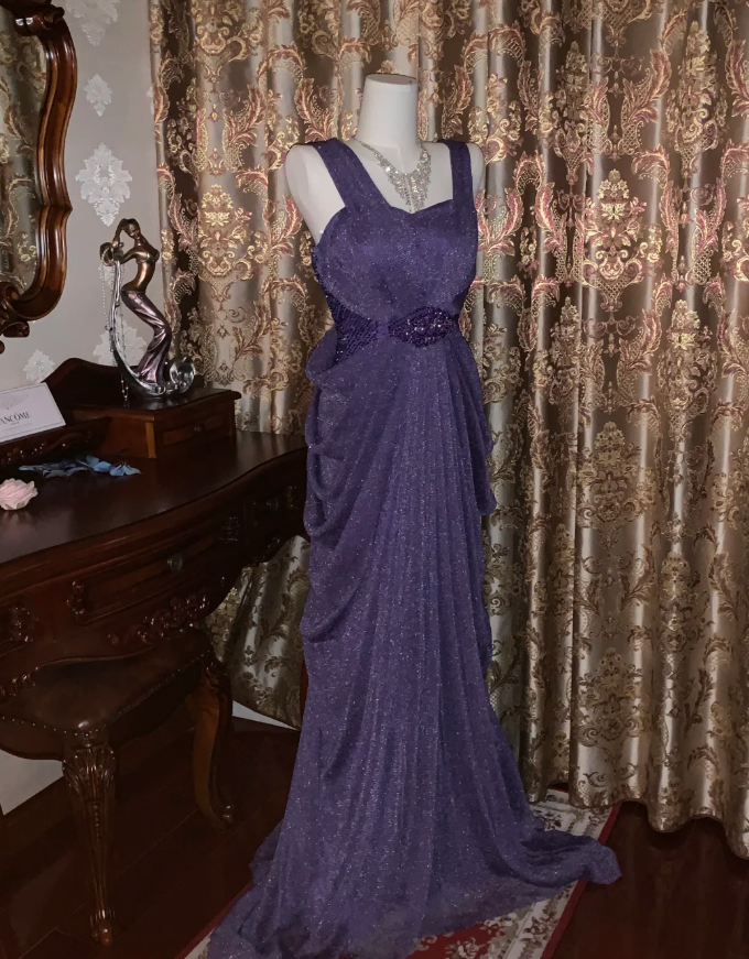 Sparkly Purple Tulle Sequin Beaded Pleated Mermaid Evening Dress Long Birthday Prom Gown - View 2 | FashionDia