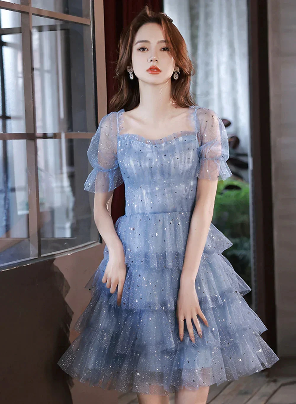 Blue Short Layers Tulle Formal Dress Blue Off Shoulder Homecoming Dress Party Dress (ZD12301)