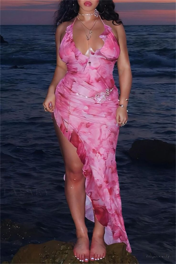 Pretty Halter V Neck High Slit Evening Dress,Pink Ruffles Chiffon Party Prom Dress