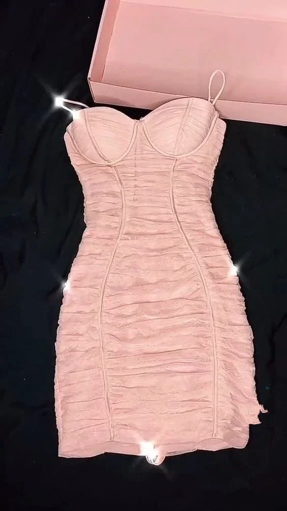 Feminine Sexy Style Pink Pleated Spaghetti Strap Body Dress Mini Homecoming Dress Y380 by simplepromdress