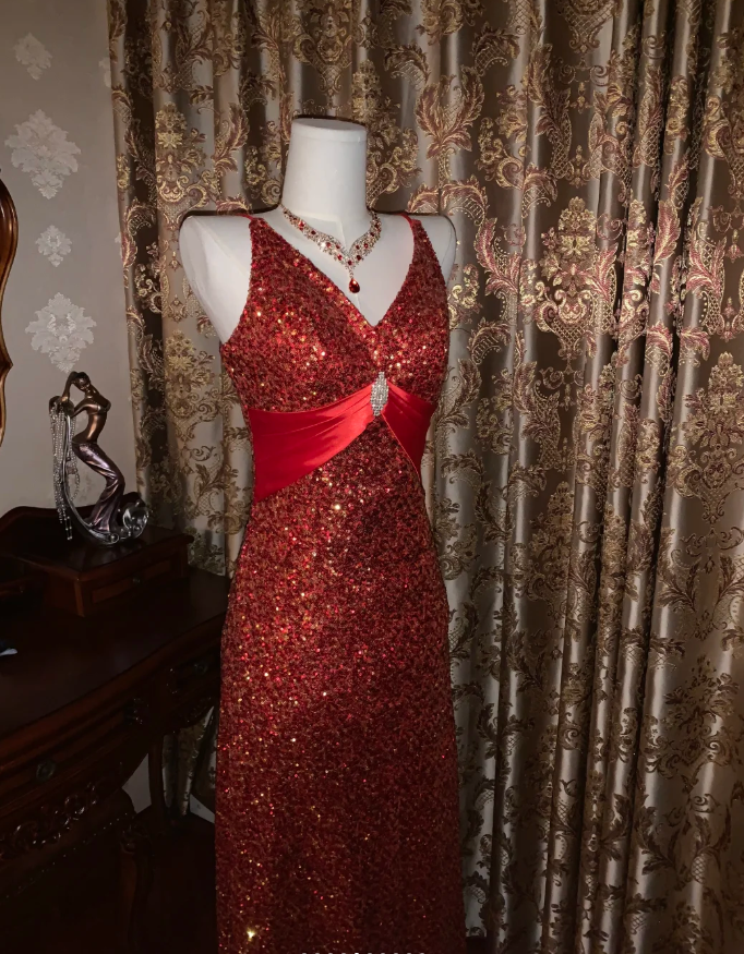 Vintage Red V-Neck Sequin Beaded Mermaid Party Dress Long Evening Gown - View 8 | FashionDia