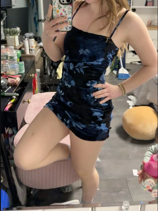 Chic Spaghetti Straps Navy Blue Satin Print Floral Sheath Short Cocktail Dress Homecoming Dress