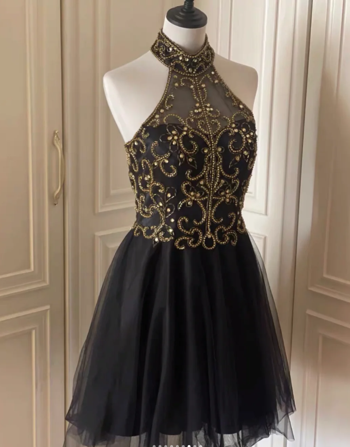 Stylish Halter Tulle Beaded A-Line Homecoming Dress Black Sleeveless Birthday Dress Cocktail Dress - View 3 | FashionDia