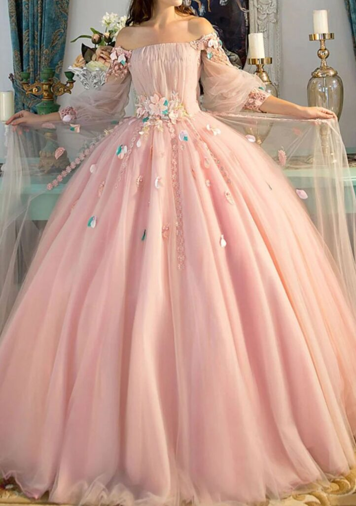 Pink Off The Shoulder Tulle Appliques Formal Prom Dress,Sweet Birthday Ball Gown