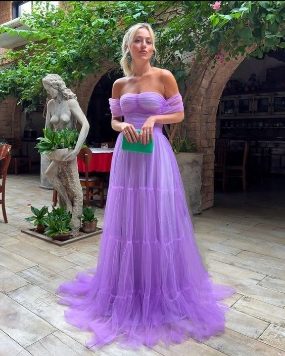 A-Line Purple Off-the-Shoulder Formal Evening Gowns Tulle Long Prom Dress - FashionDia