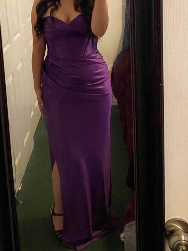 Purple Strapless Satin Sheath Party Evening Dress
