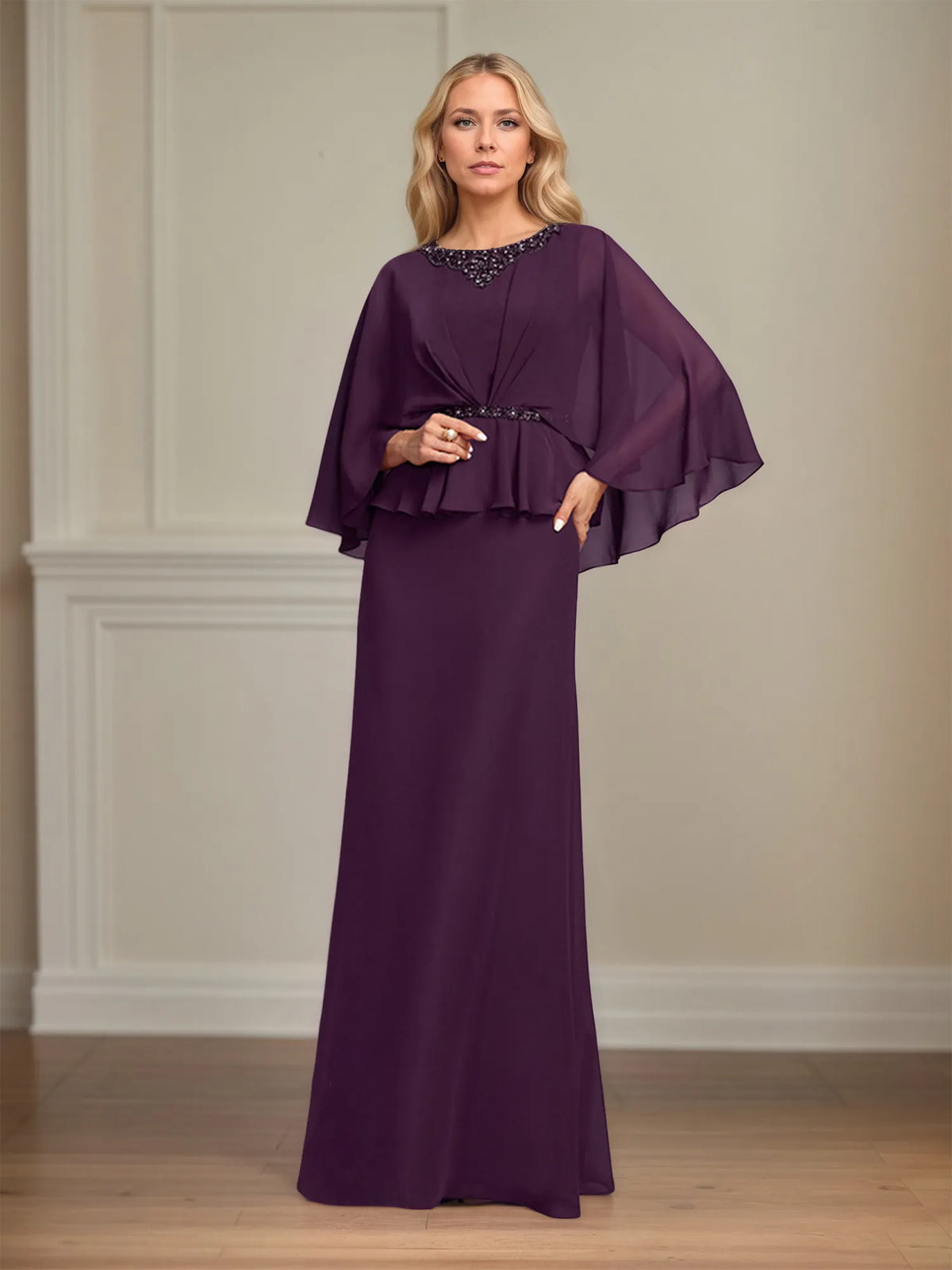 A-line Scoop Floor-Length Chiffon Mother of the Bride Dress With Pleated Sequins Beading - View 9 | FashionDia
