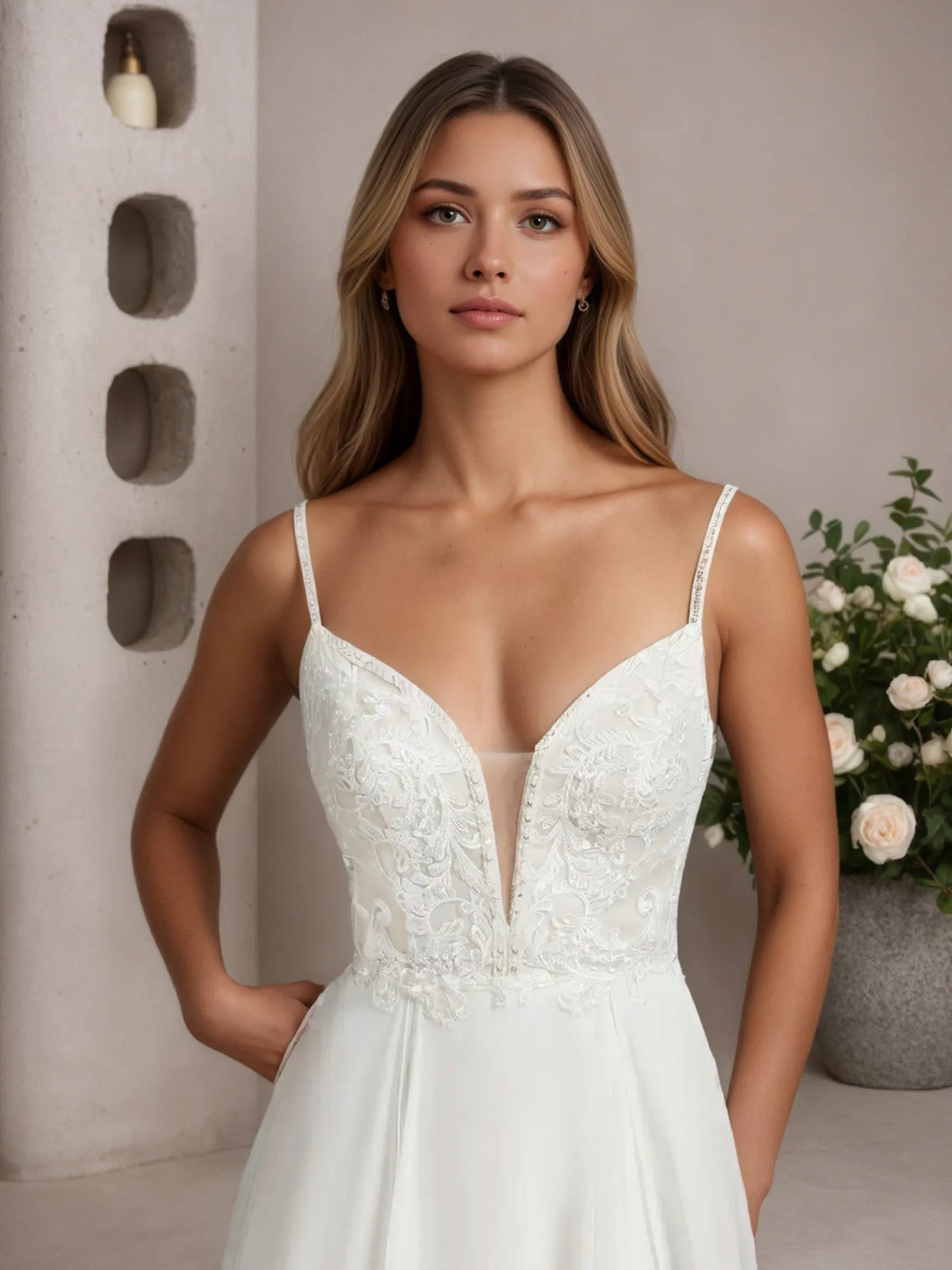 White A-Line Off-the-Shoulder Sleeveless Sequins Chiffon Wedding Dress - View 6 | FashionDia