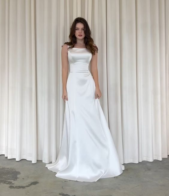 Classic White Satin A-line Wedding Dress,White Bridal Dress