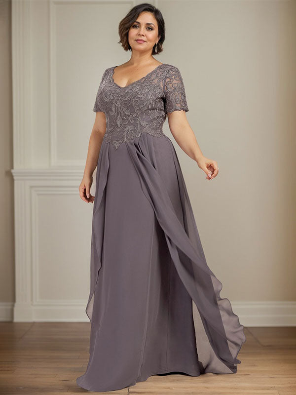 A-line V-Neck Floor-Length Chiffon Lace Mother of the Bride Dress - View 9 | FashionDia