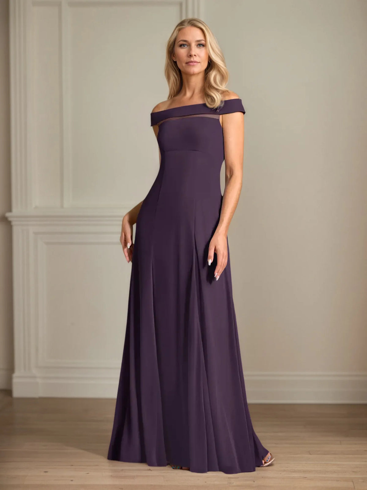 A-Line Off-the-Shoulder Sleeveless Chiffon Mother of the Bride Dress With Pleated - View 7 | FashionDia