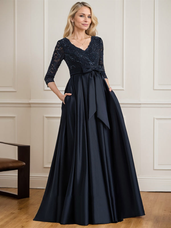 A-line V-Neck Floor-Length Satin Lace Mother of the Bride Dress With Sequins Bow - FashionDia