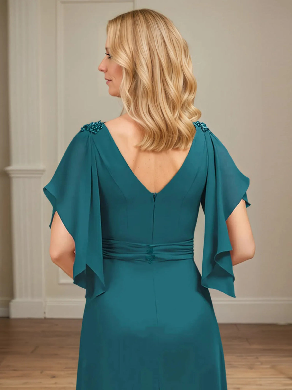 A-Line V-Neck Appliqued Floor-Length Mother of the Bride Dress with Ruffles - View 4 | FashionDia