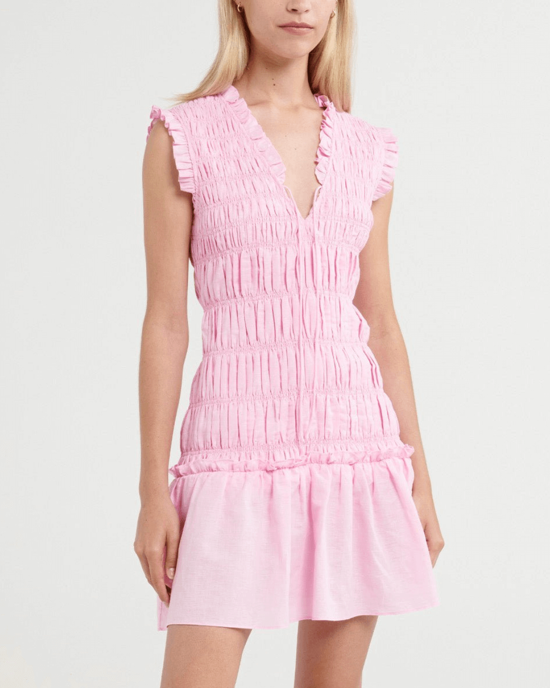 V-neckline Smocked Mini Dress - Fashionpara