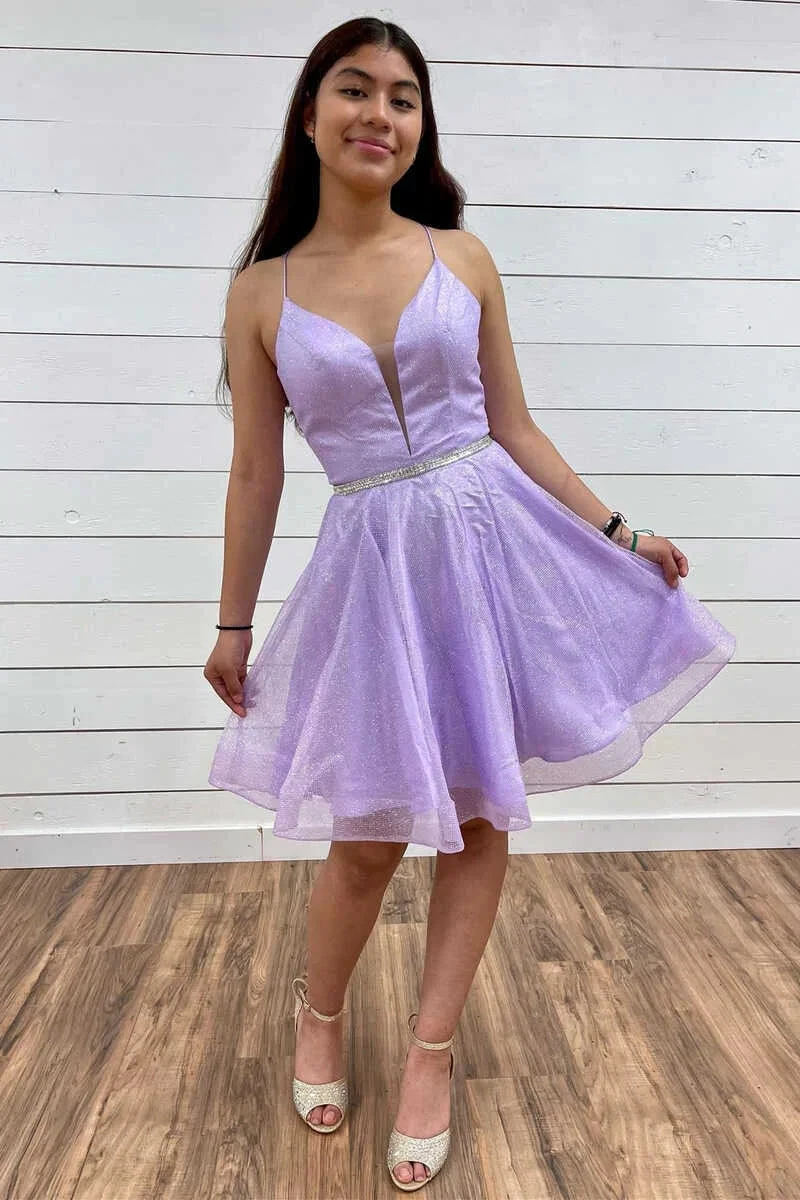 A-Line Lavender Plunge V Short Homecoming Dress Y931 by simplepromdress