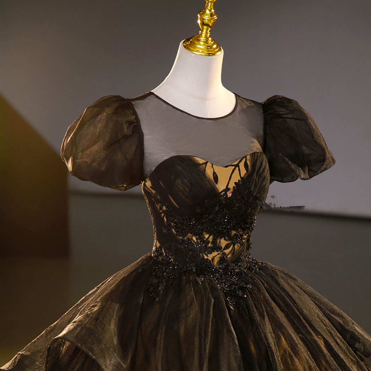 Black Tulle Puff Sleeves Appliques Beading Quinceanera Dress Sweet 16 Ball Gown - View 2 | FashionDia
