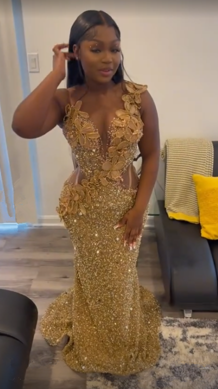 Gorgeous Gold Sequins Appliques Prom Dress Formal Mermaid Evening Dress
