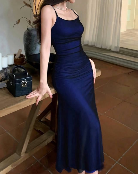Vintage Spaghetti Satin Tulle Sheath Party Dress,Long Evening Dress - View 3 | FashionDia