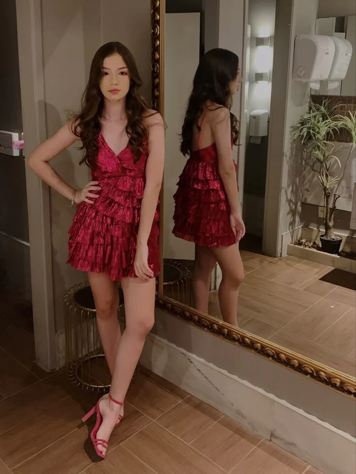 Sexy Red V-Neck Spaghetti Straps Layered A-Line Graduation Short Homecoming Party Dress - View 2 | FashionDia