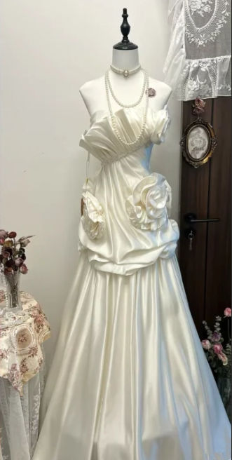 Vintage Strapless Satin Pleated Ivory Long Party Dress Birthday Prom Dress - FashionDia
