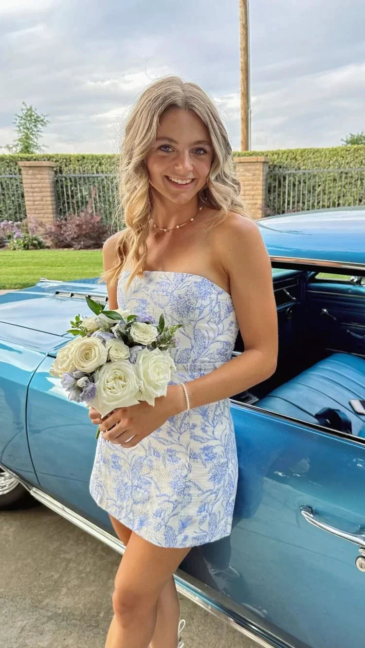 Strapless Blue Floral Mini Homecoming Dress Summer Dress (ZD12093)