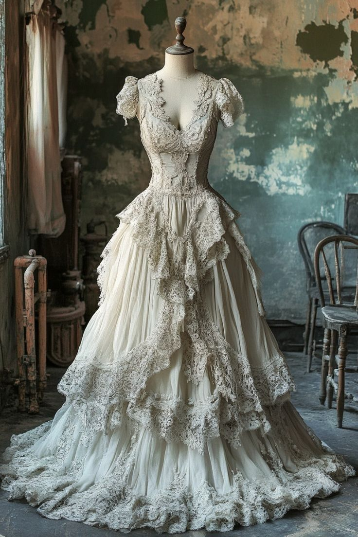 Vintage A Line Chiffon Lace Appliques Long Prom Dress,Ivory Wedding Dress Evening Dress