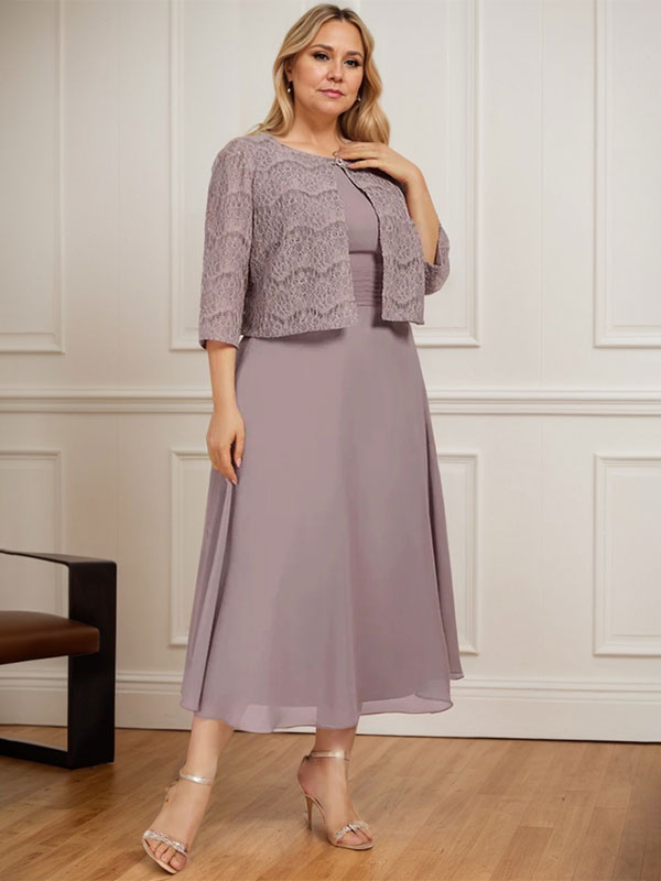 A-line Scoop Tea-Length Chiffon Mother of the Bride Dress With Pleated - View 9 | FashionDia