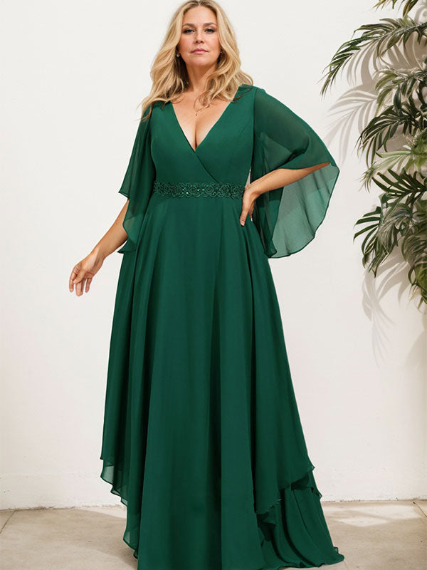 A-line V-Neck Floor-Length Chiffon Mother of the Bride Dress With Sequins Appliques Lace Beading - View 11 | FashionDia
