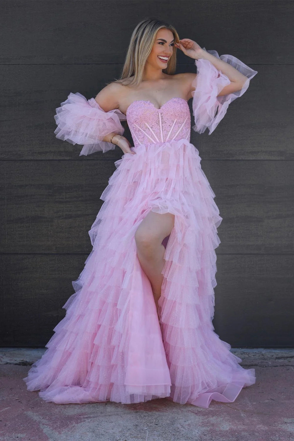 Princess A-Line Sweetheart Pink Corset Prom Dress with Ruffles Split Front - FashionDia