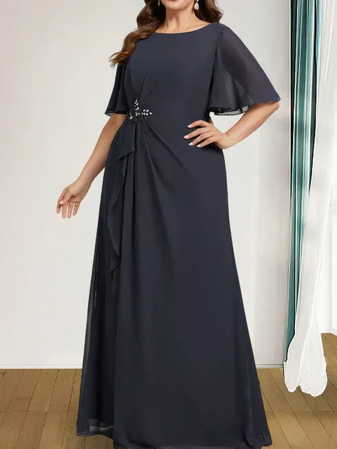 A-line Scoop Floor-Length Chiffon Mother of the Bride Dress With Cascading Ruffles Beading Sequins - View 9 | FashionDia