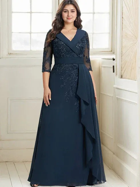 A-line Collared V-Neck Floor-Length Lace Chiffon Mother of the Bride Dress With Sequins Cascading Ruffles - View 9 | FashionDia