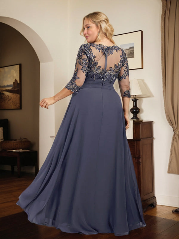 A-line Scoop Illusion Floor-Length Lace Chiffon Mother of the Bride Dress With Cascading Ruffles