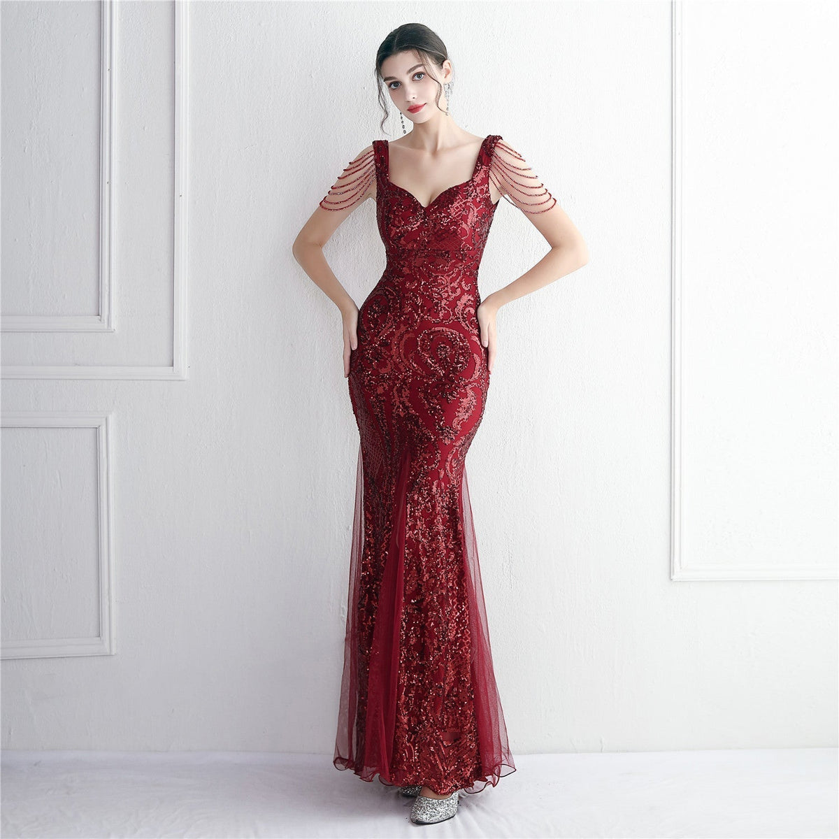 Sequin Mesh Craft Beaded Party Dress Long Cocktail Slim Fit Evening Dress Elegant Long - View 5 | VelvetHem