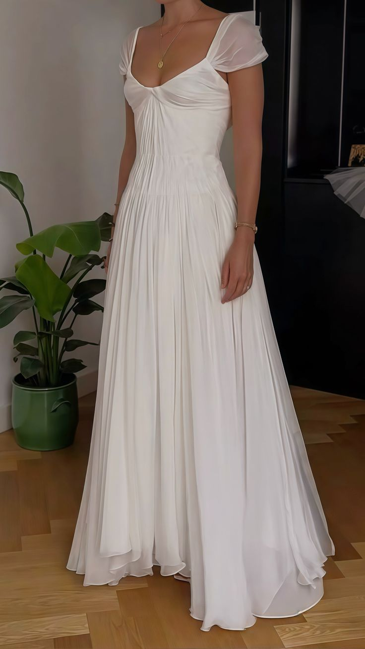 White Pleated Wedding Dress Evening Party Dress Chiffon Bridal Gown