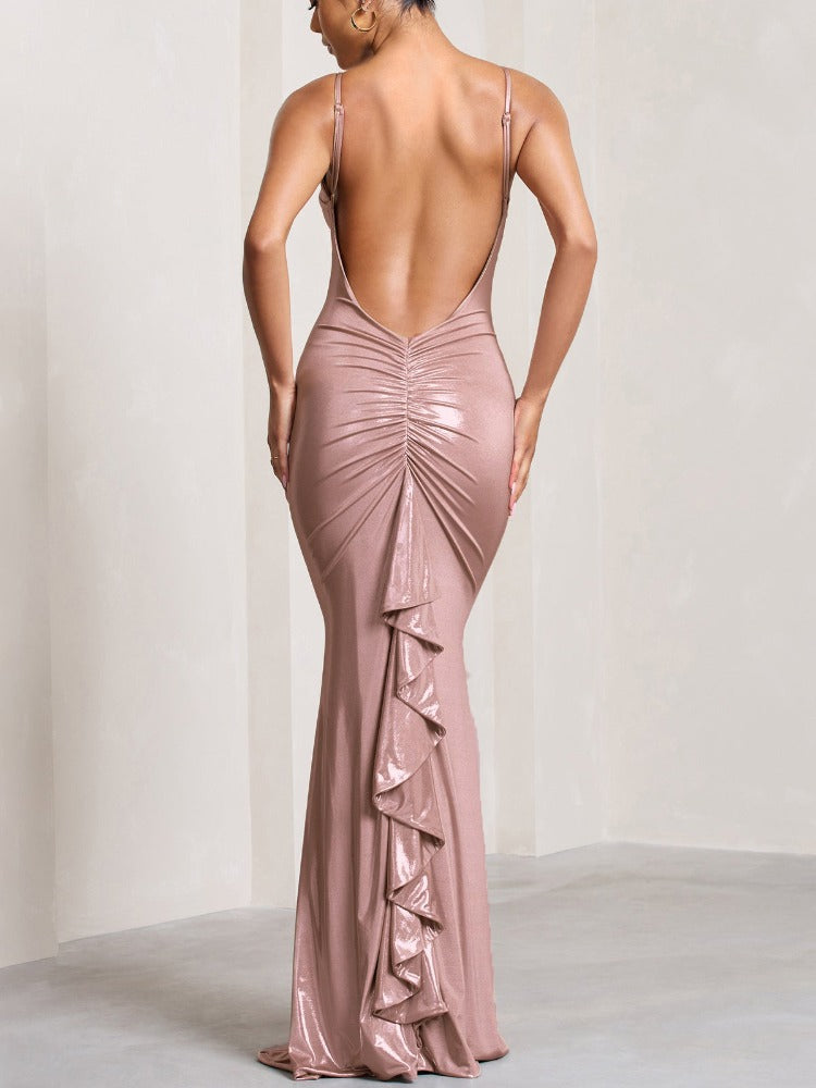 TARUXY PU Sexy Sundress For Women Bodycon Folds High Waist Ruffle Evening Dresses Lady 2024 Party Backless Sheath Dress Woman - View 5 | VelvetHem