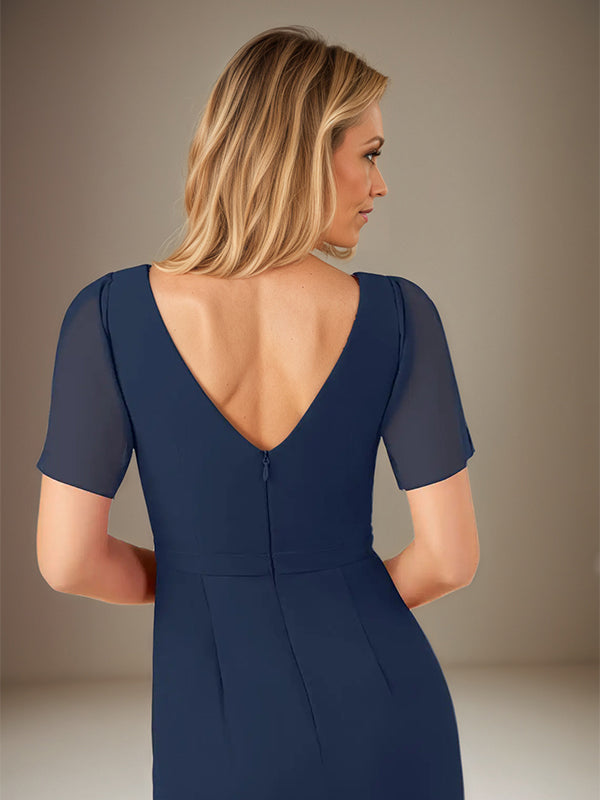 Dark Navy Sheath/Column Chiffon V Neck Short Sleeve Floor Length Dress