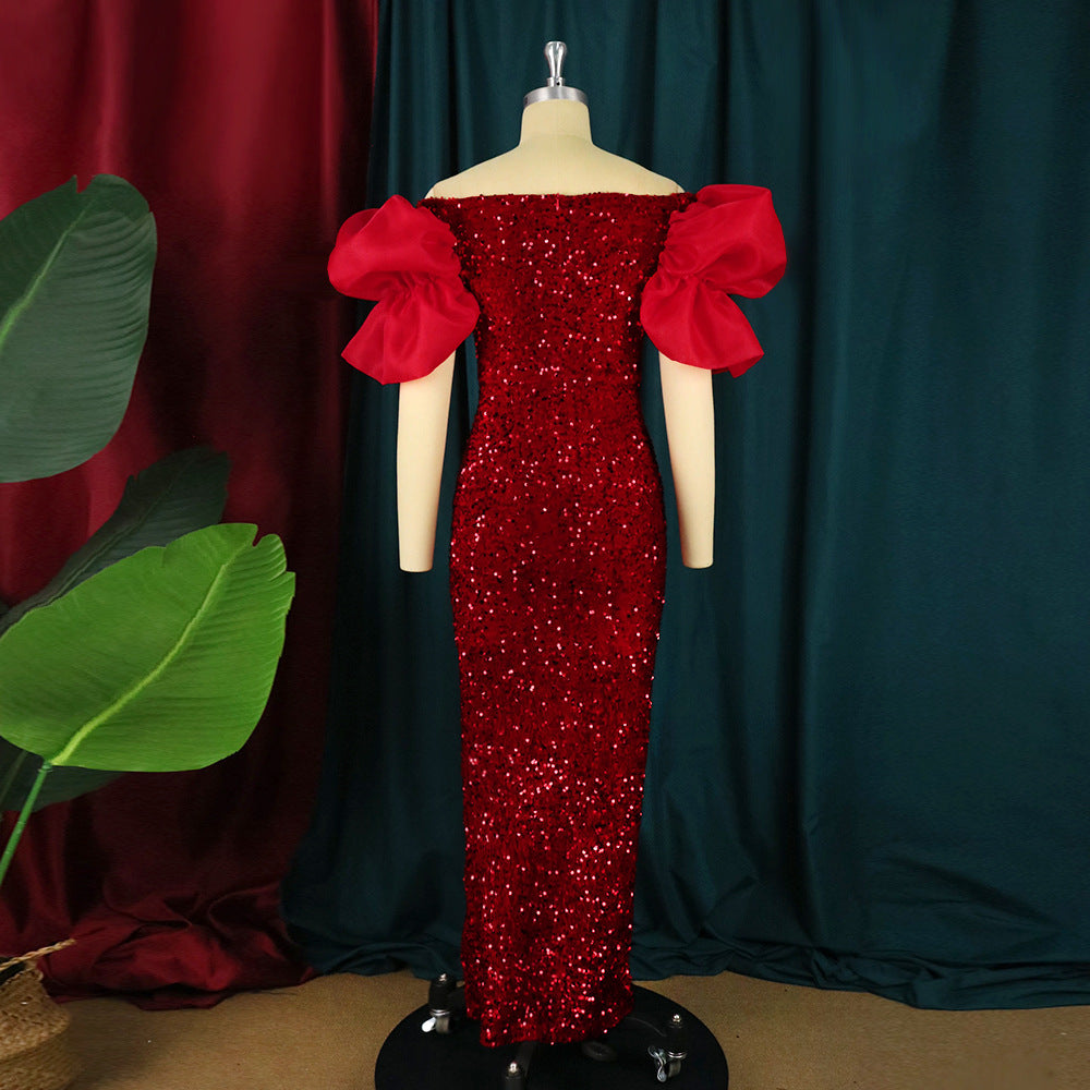 Sexy Ruffles V-neck Elegant Sequ High-End Maxi Dress Ladies Banquet Evening Dress Women Party Dre - View 4 | VelvetHem