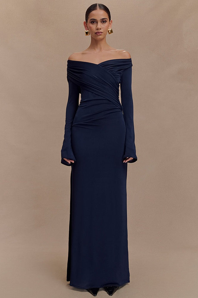 V - Neck Slim Fit Ruched Maxi Dress