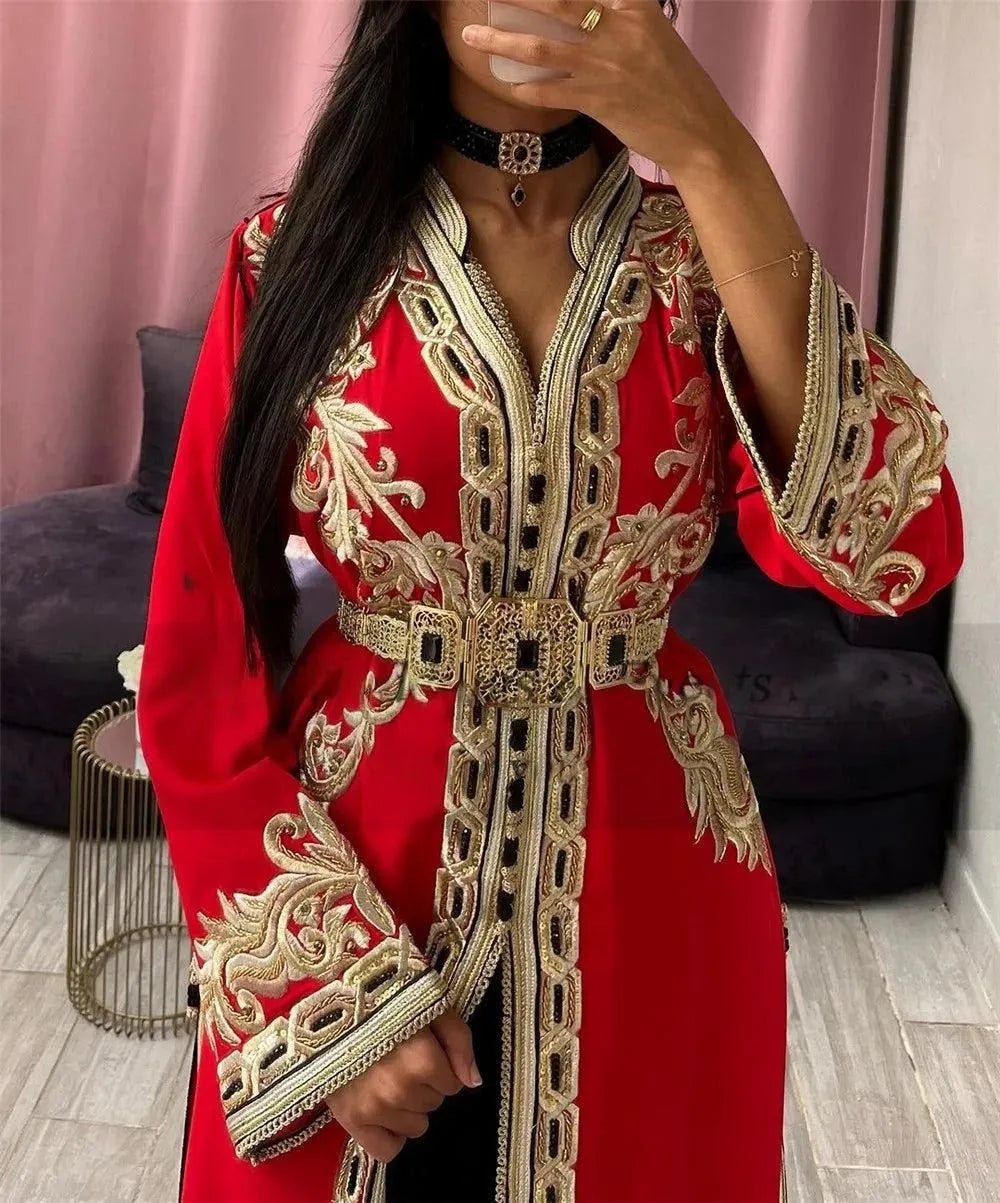 Elegant Arabic Mermaid Evening Dress V-Neck Lace Appliques Prom Gown High Mid Slit Floor Length Algerian Outfit